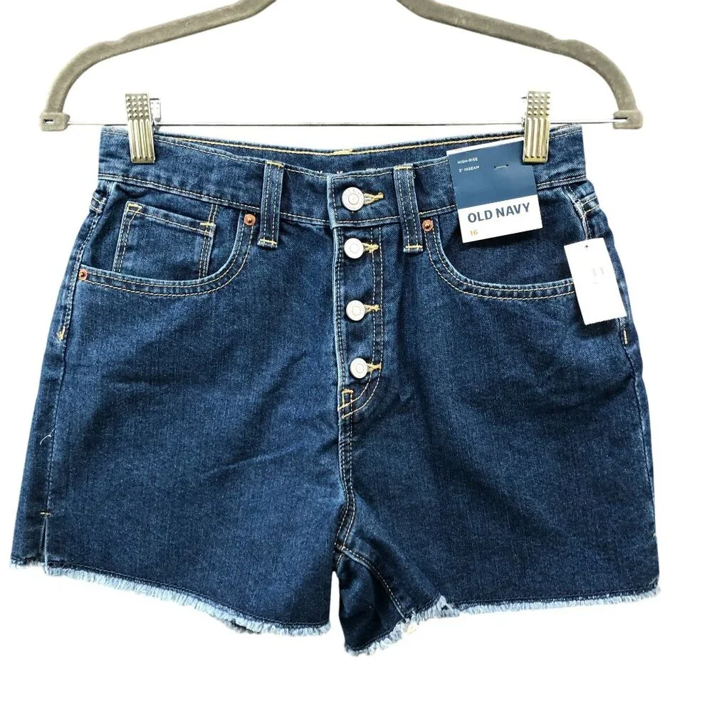 NWT Girls Size 16 High Rise Jean Shorts 3'' Inseam Blue Cutoff Frayed Button Fly